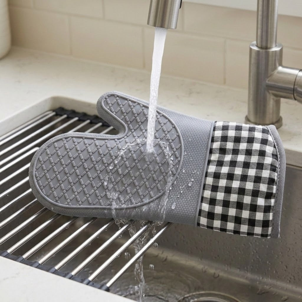 A gray silicone oven mitt with a black and white gingham fabric cuff is rinsed under running water in a stainless steel kitchen sink.