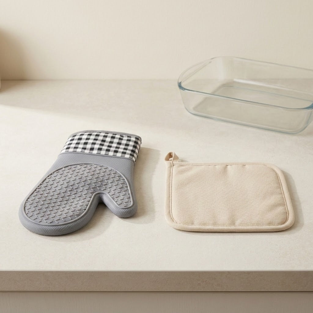 A gray silicone oven mitt with a black-and-white gingham cuff and a beige fabric pot holder with a small zipper pull, arranged on a light countertop beside a clear glass baking dish.