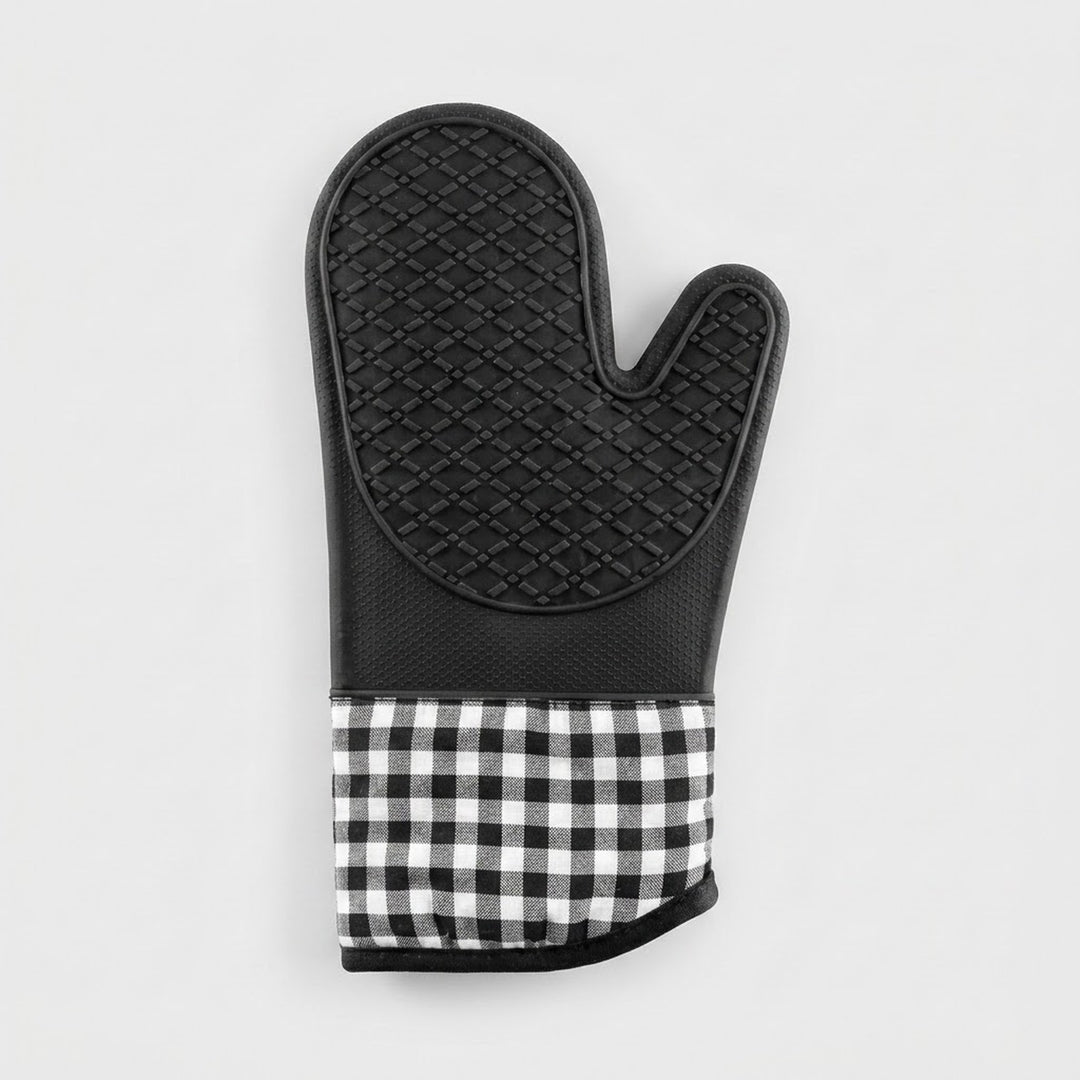 A single oven mitt with a black quilted textured top half and a black and white gingham checkered fabric cuff, shown against a plain light gray background.