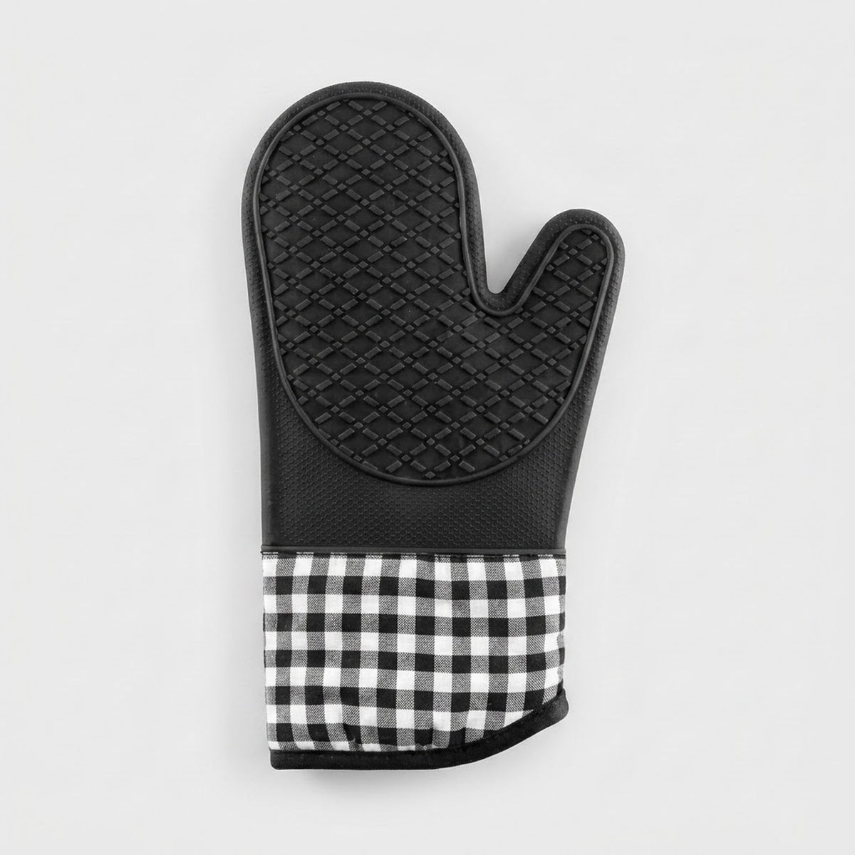 A single oven mitt with a black quilted textured top half and a black and white gingham checkered fabric cuff, shown against a plain light gray background.