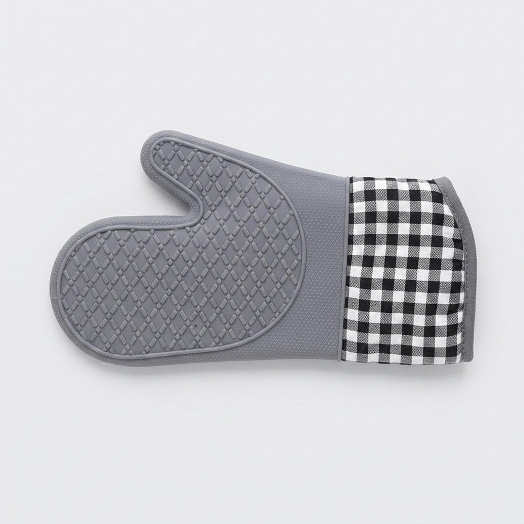 A gray silicone oven mitt with a black and white gingham checkered cuff, shown on a light gray background.