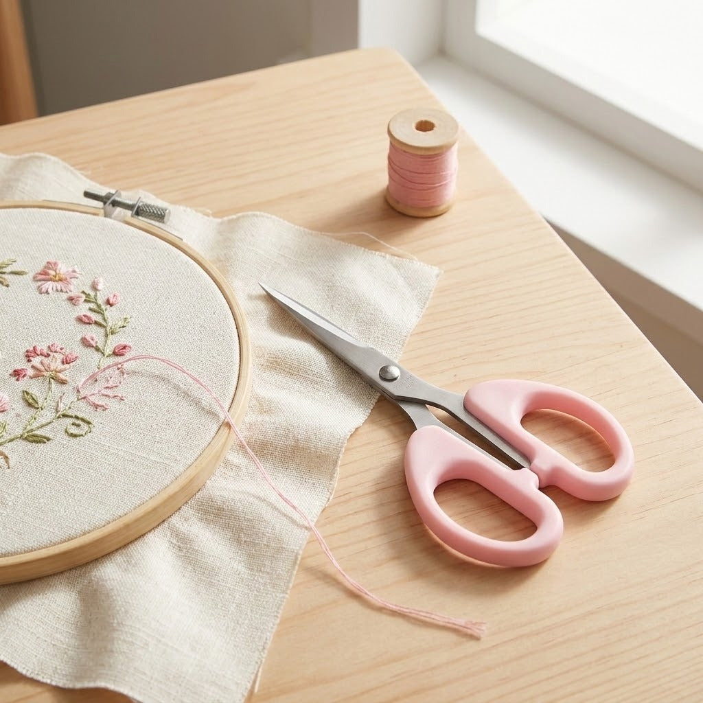 A close-up of a light wood embroidery hoop with cream fabric and pink floral stitching, placed on a wooden table beside pink-handled scissors and a spool of pink thread near a window.