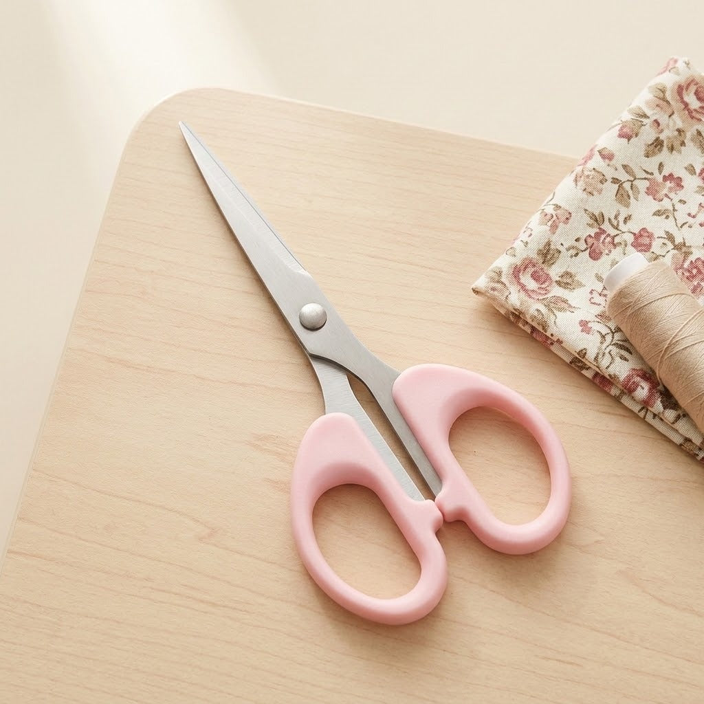 Pink-handled scissors with silver metal blades resting on a light wood surface, next to a floral fabric swatch and a spool of thread.