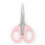 Small pink-handled scissors with silver metal blades, centered on a plain white background.