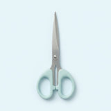 A pair of scissors with light mint green handles and silver stainless steel blades, centered on a pale blue background.