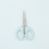 A pair of small scissors with pale mint green handles and silver stainless steel blades, centered on a clean, light blue background.