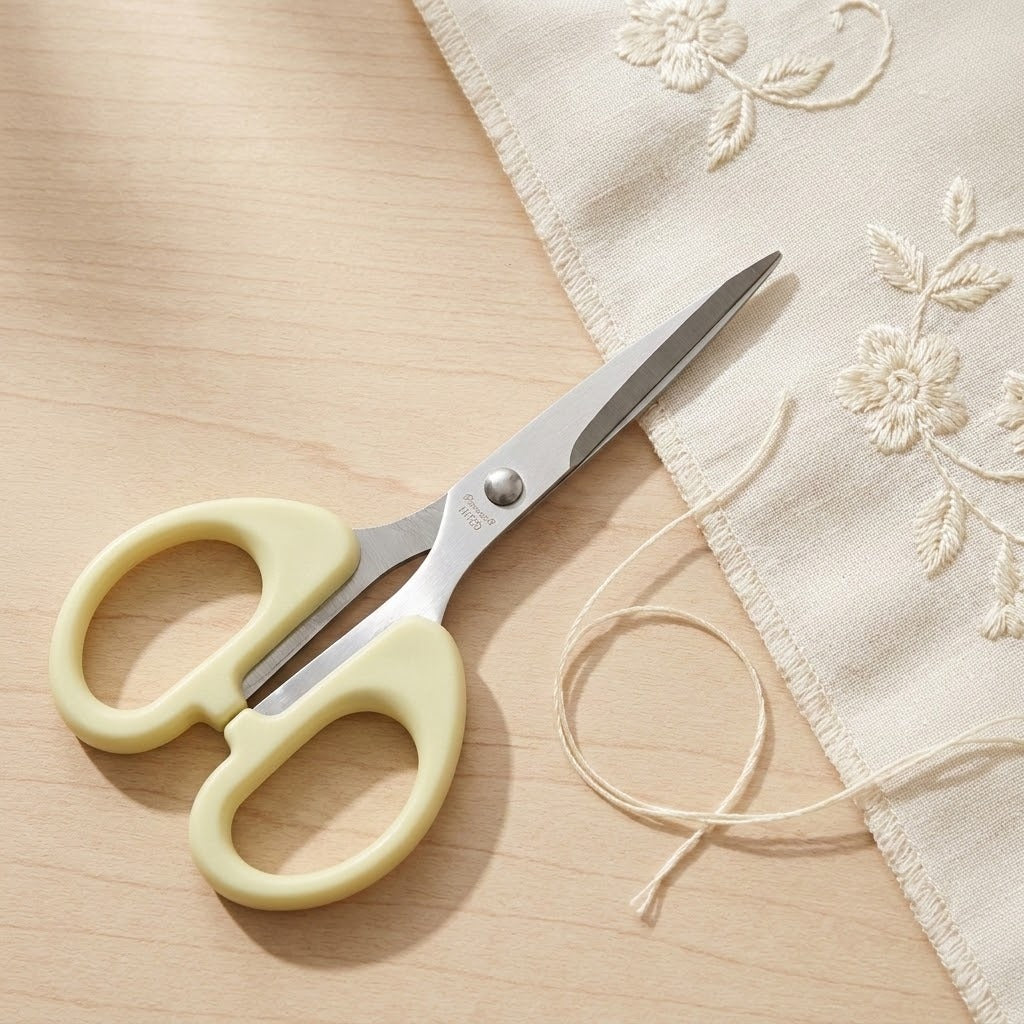 A pair of embroidery scissors with pale yellow handles and silver metal blades, placed on a light wood surface next to a cream-colored embroidered fabric piece.