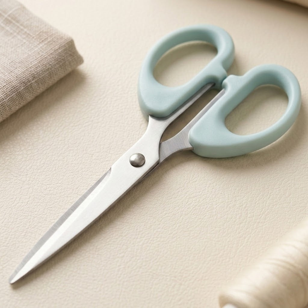 A pair of scissors with light blue silicone handles and silver stainless steel blades, shown on a textured beige surface with a folded beige fabric and a spool of thread as props.