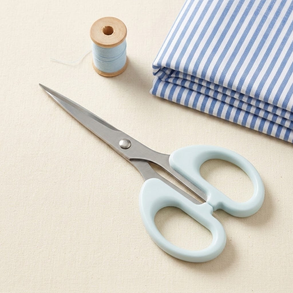 A pair of light blue-handled scissors with silver metal blades, arranged on a beige fabric surface next to a spool of pale blue thread and a folded stack of blue-and-white striped fabric.