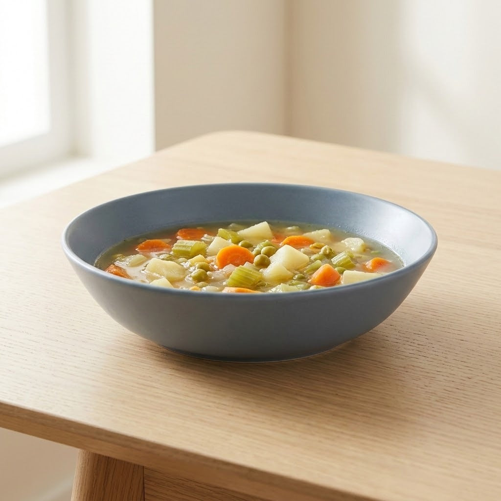 A gray ceramic bowl filled with vegetable soup sits on a light wood table in a softly lit indoor setting.