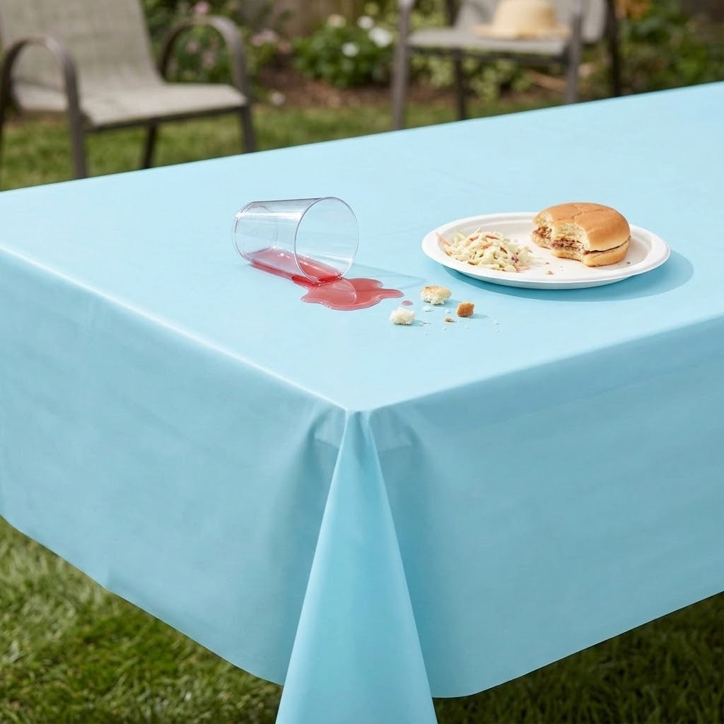 A light blue plastic tablecloth spread across an outdoor table on grass, with a spilled drink, crumbs, and a plate with a burger nearby.
