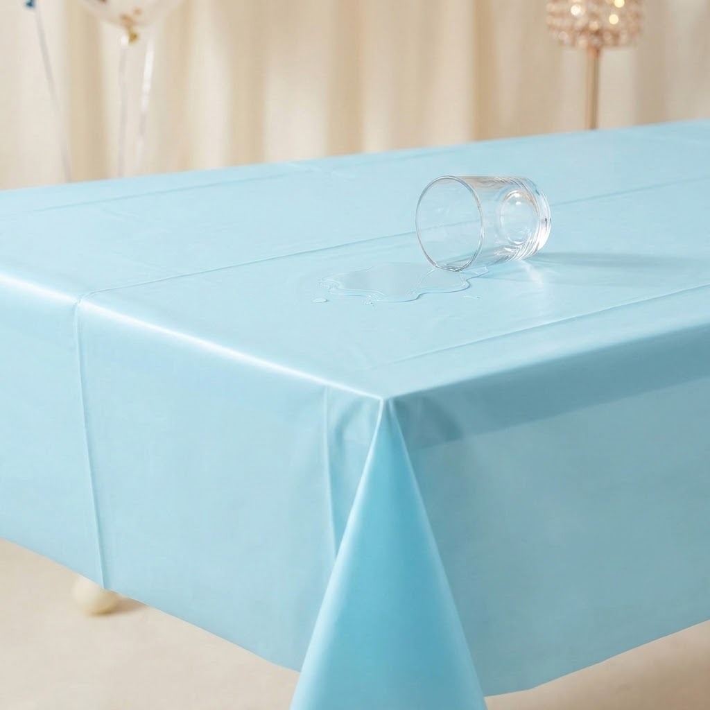 A light blue plastic tablecloth draped over a rectangular table, with a clear plastic cup tipped over on top causing a small puddle. The background shows a softly blurred cream-colored curtain and decorative lights.