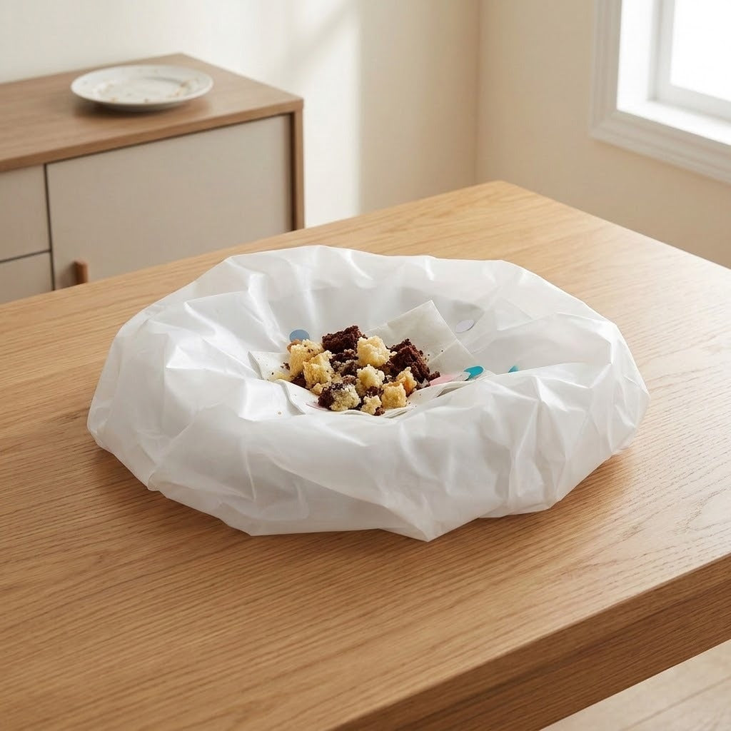 A white crumpled paper bag or dust cover sits on a light wood table in a bright indoor room, with a small pile of mixed snack pieces in the center.