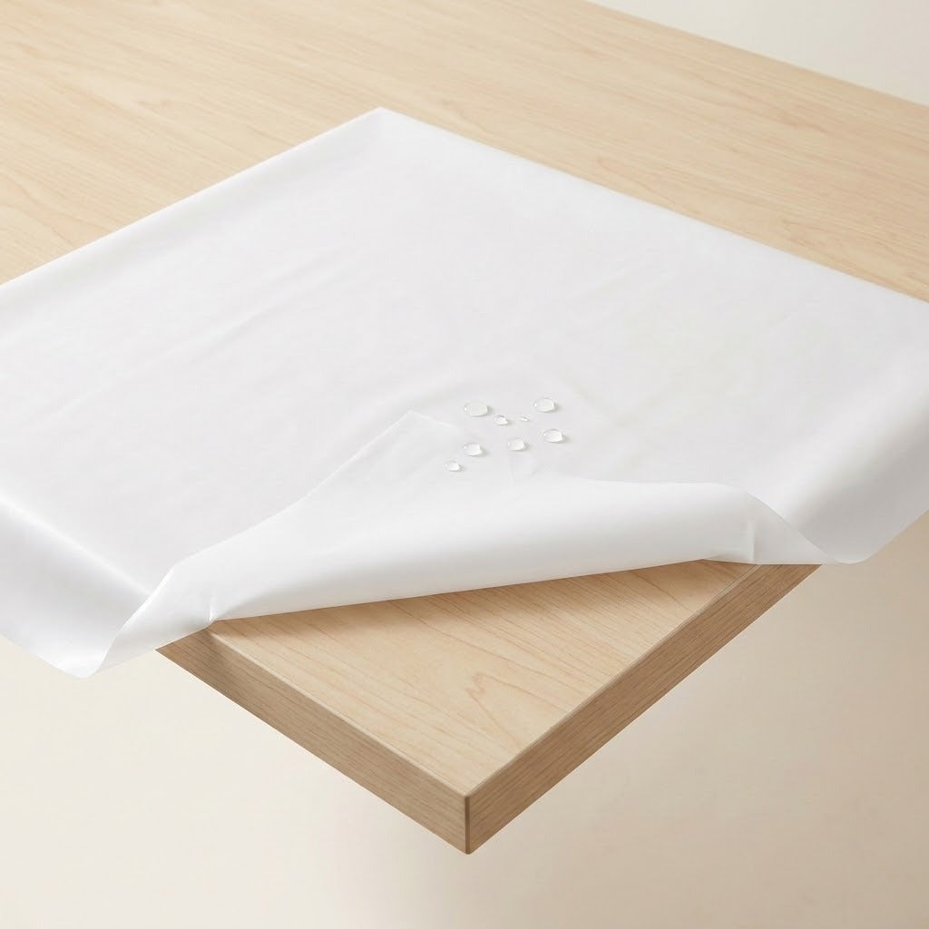 A white tablecloth draped over a light wood table, with a corner folded down to show the fabric's drape and texture.