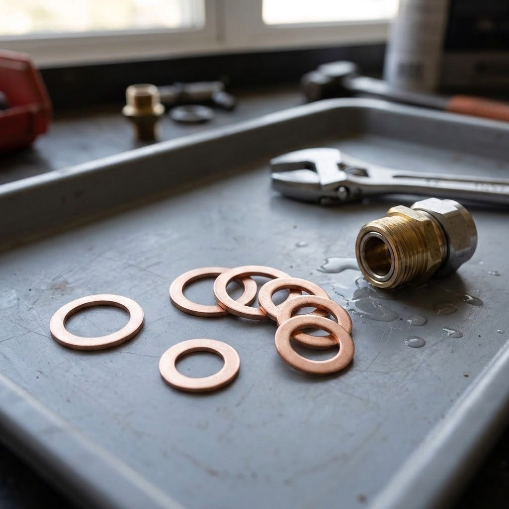 A close-up of plumbing hardware parts arranged on a metal tray, including several copper washers and a brass male connector, with tools and a window in the background.