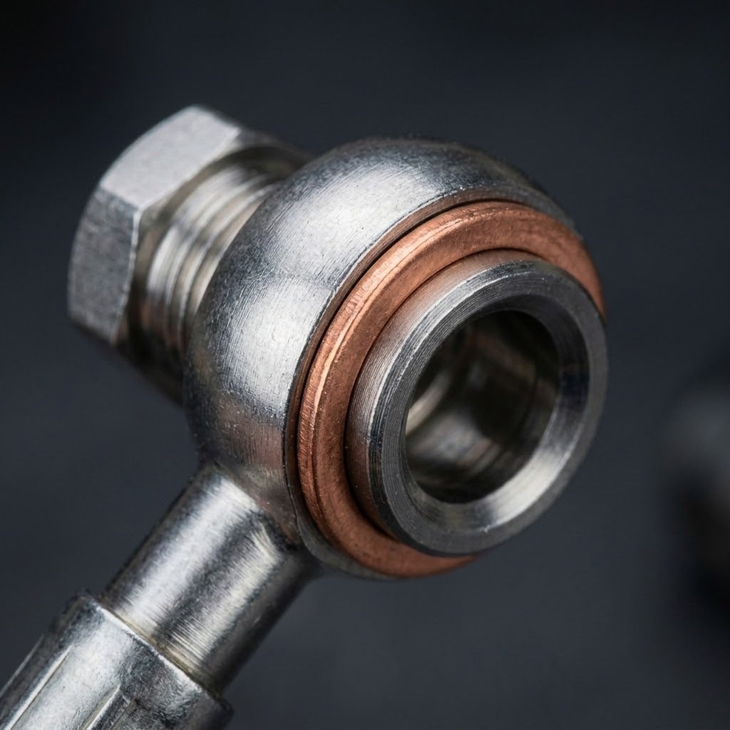 Close-up of a metal angle elbow fitting with a copper-colored gasket ring, shown against a dark gray background.