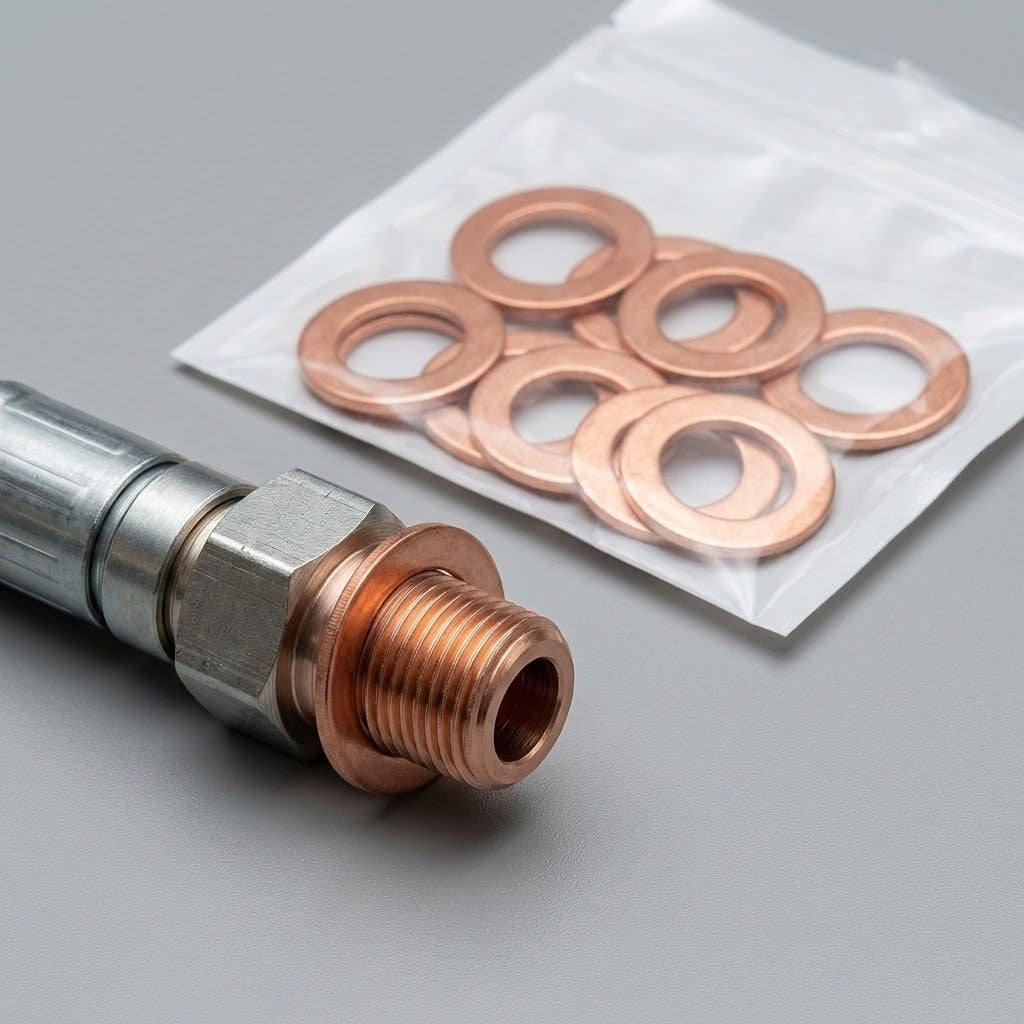 A close-up of a metal pipe fitting with a copper thread, shown next to a clear plastic bag containing several copper washers on a gray background.