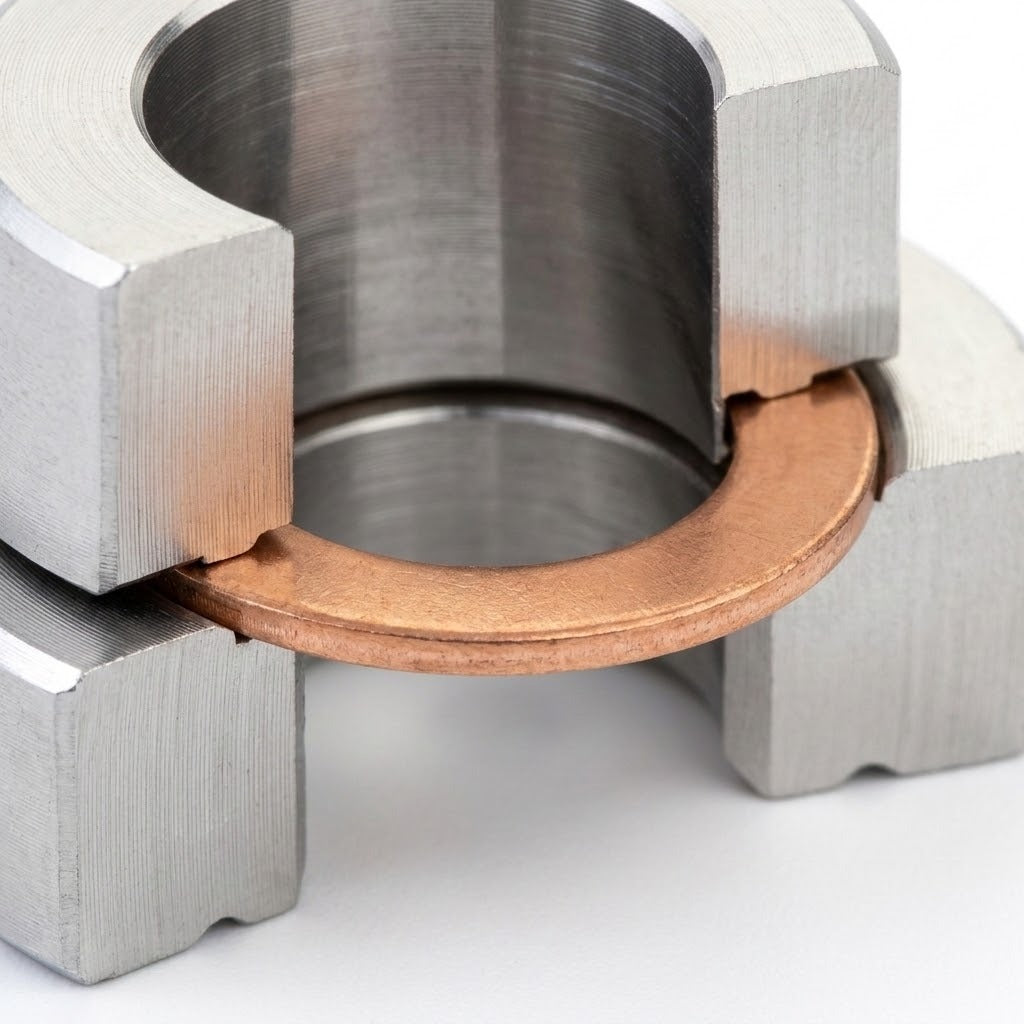 Close-up of a metallic U-shaped silver clamp holding a copper-colored ring against a white background.