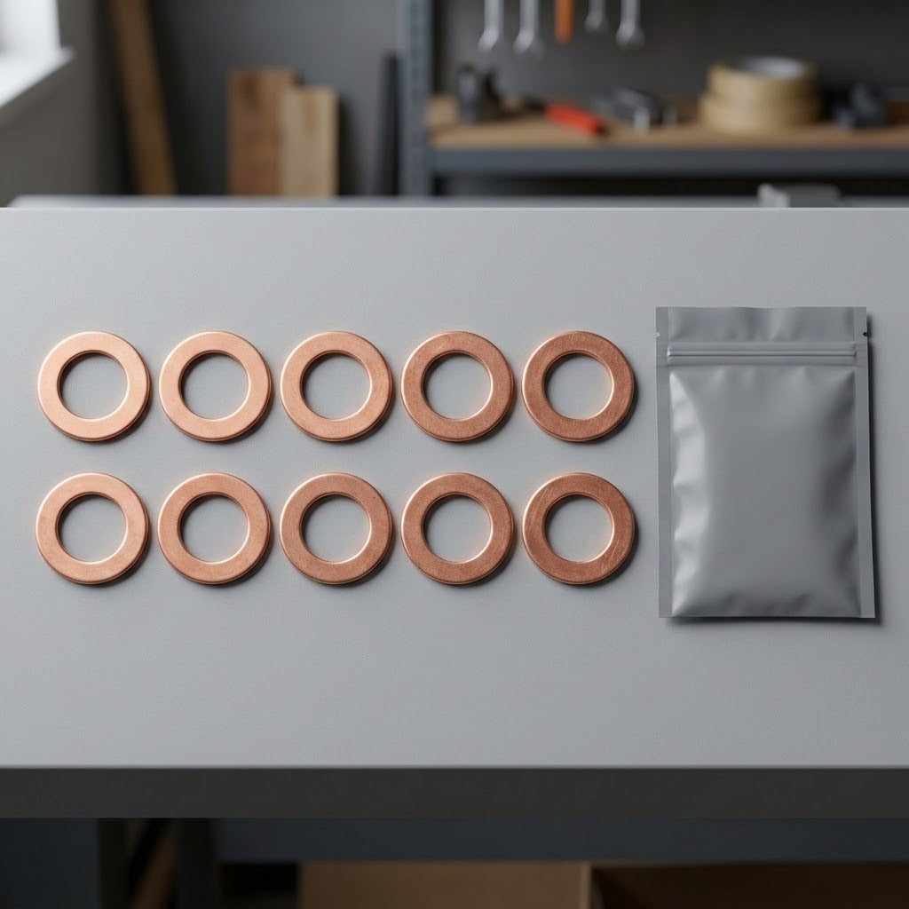 Ten copper-colored circular ring-shaped components arranged in two rows on a gray workbench next to a small gray resealable pouch, with a blurred workshop background.