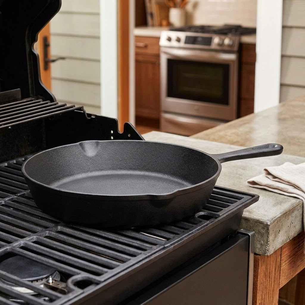 A black cast iron skillet sits on the grates of a gas grill in a kitchen setting, with a stove and countertop visible in the background.