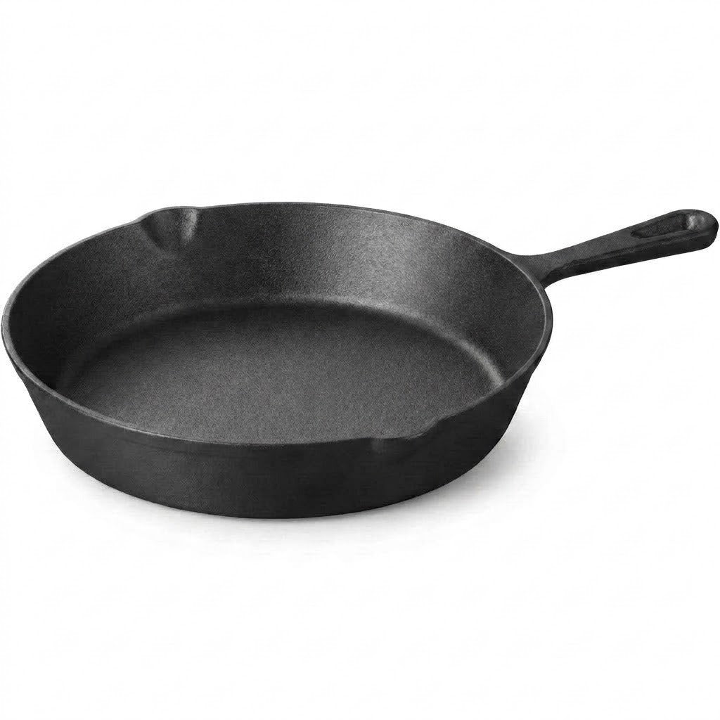 A black cast iron skillet with a single handle, photographed on a clean white background.