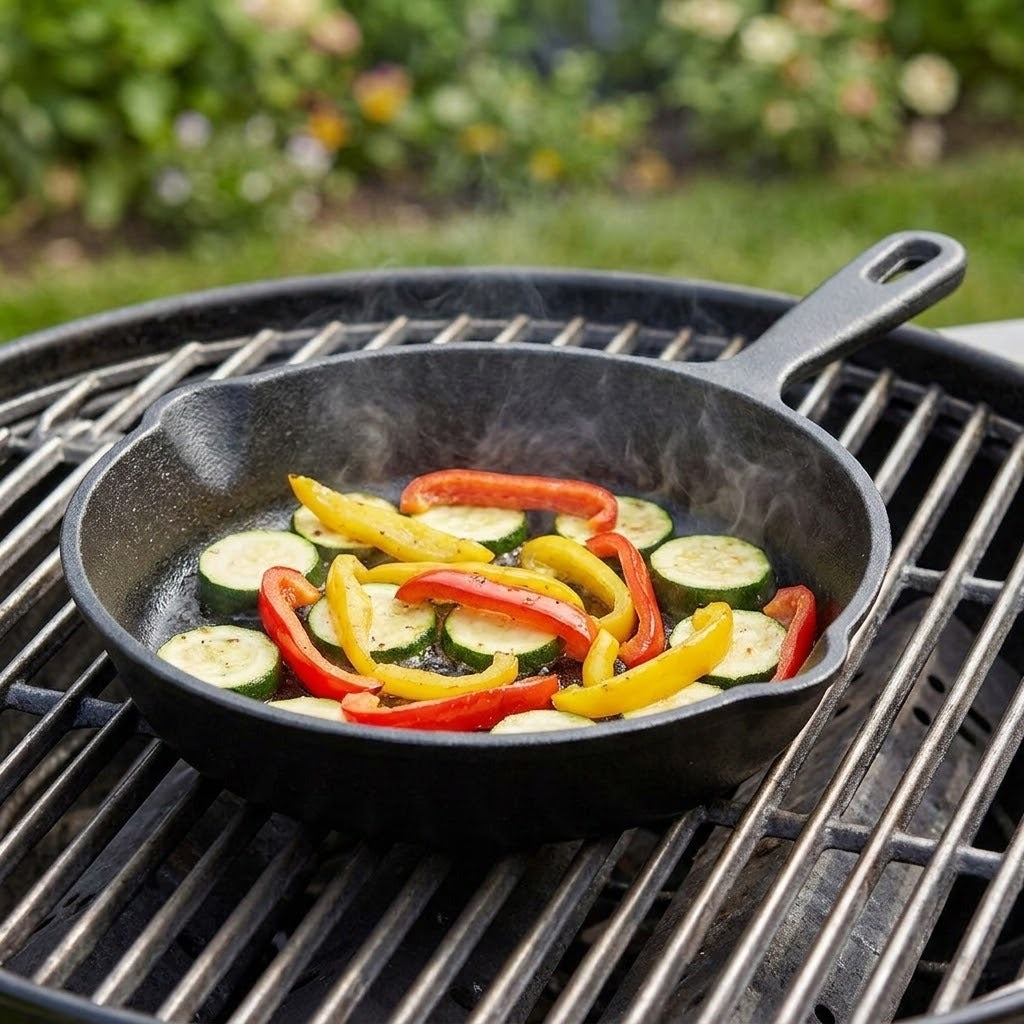 A black cast iron skillet with a handle sits on a grill grate, cooking sliced zucchini, red bell pepper, and yellow bell pepper outdoors with a blurred garden background.