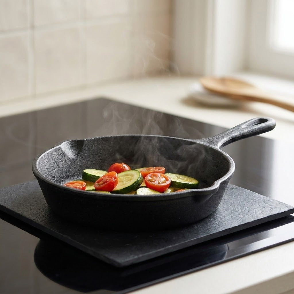 A black cast iron skillet with a handle sits on a black induction cooktop, cooking sliced zucchini and tomatoes. The background shows a softly blurred kitchen setting with a tiled wall and a wooden spoon on a counter.