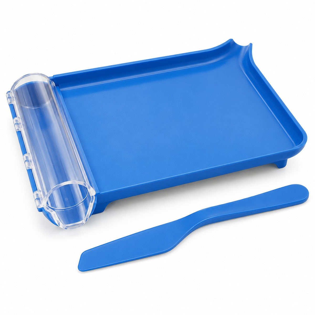 Blue pill counting tray with attached clear chute and one matching angled spatula on white.