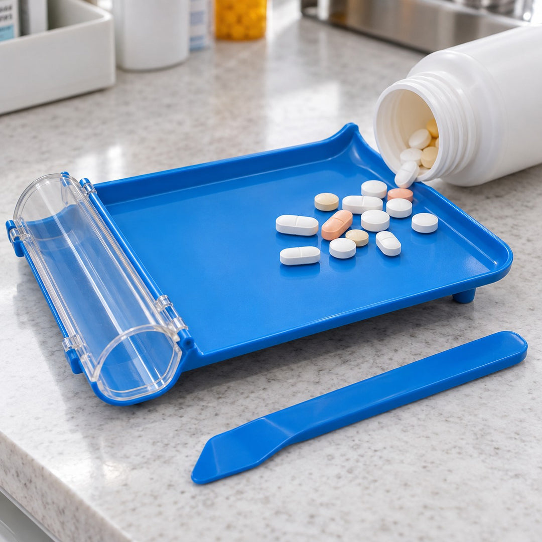 Blue pill counting tray catches tablets from a stock bottle on a pharmacy counter for touch-free preparation.