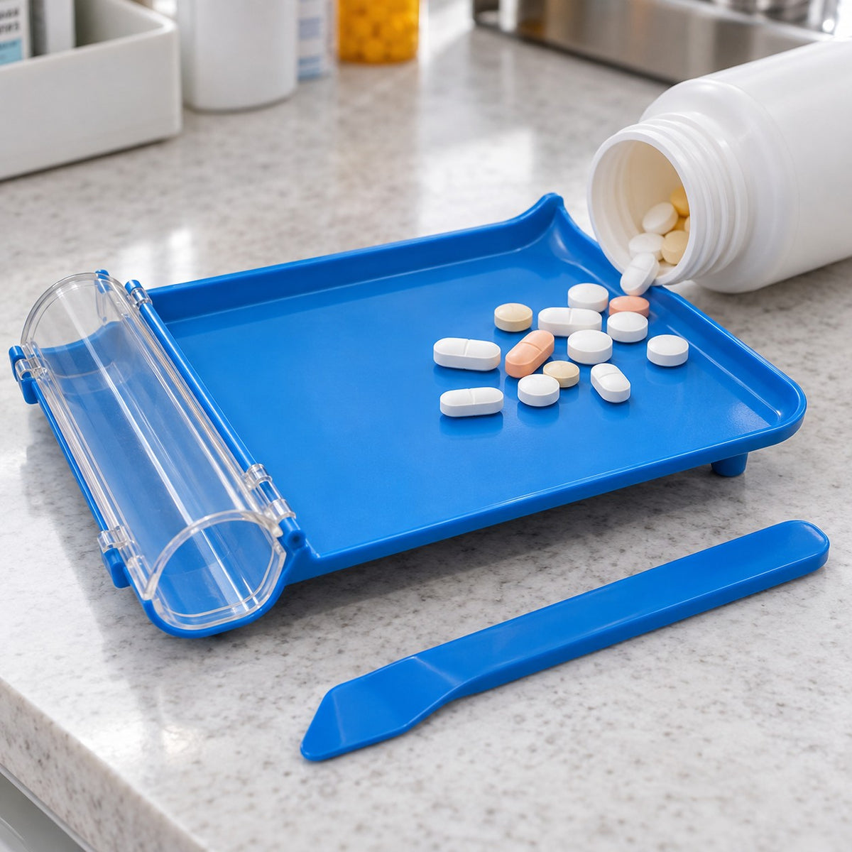 Blue pill counting tray catches tablets from a stock bottle on a pharmacy counter for touch-free preparation.