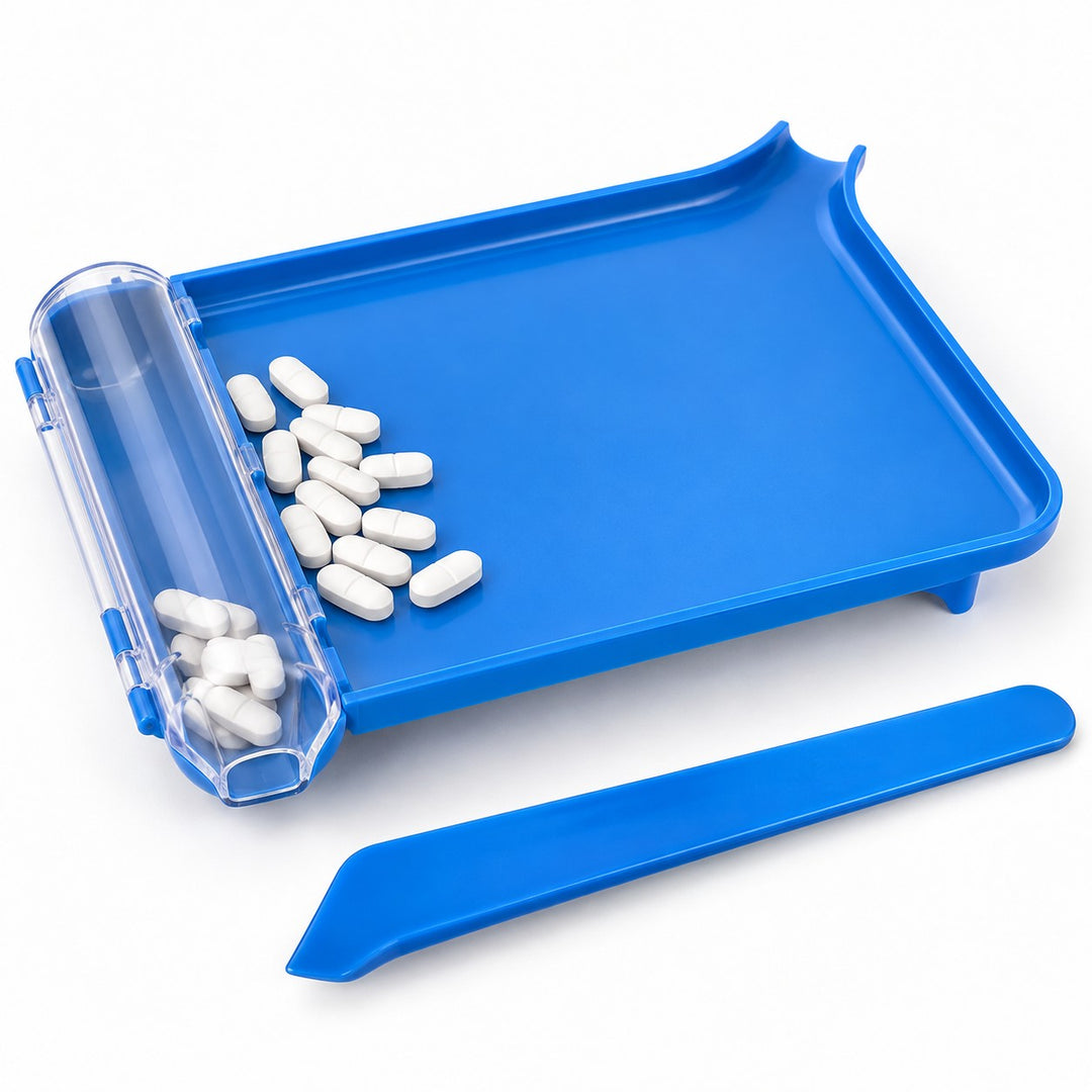Blue pill counting tray shows its smooth counting surface and clear chute ready to guide pills for dispensing.