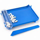 Blue pill counting tray shows its smooth counting surface and clear chute ready to guide pills for dispensing.