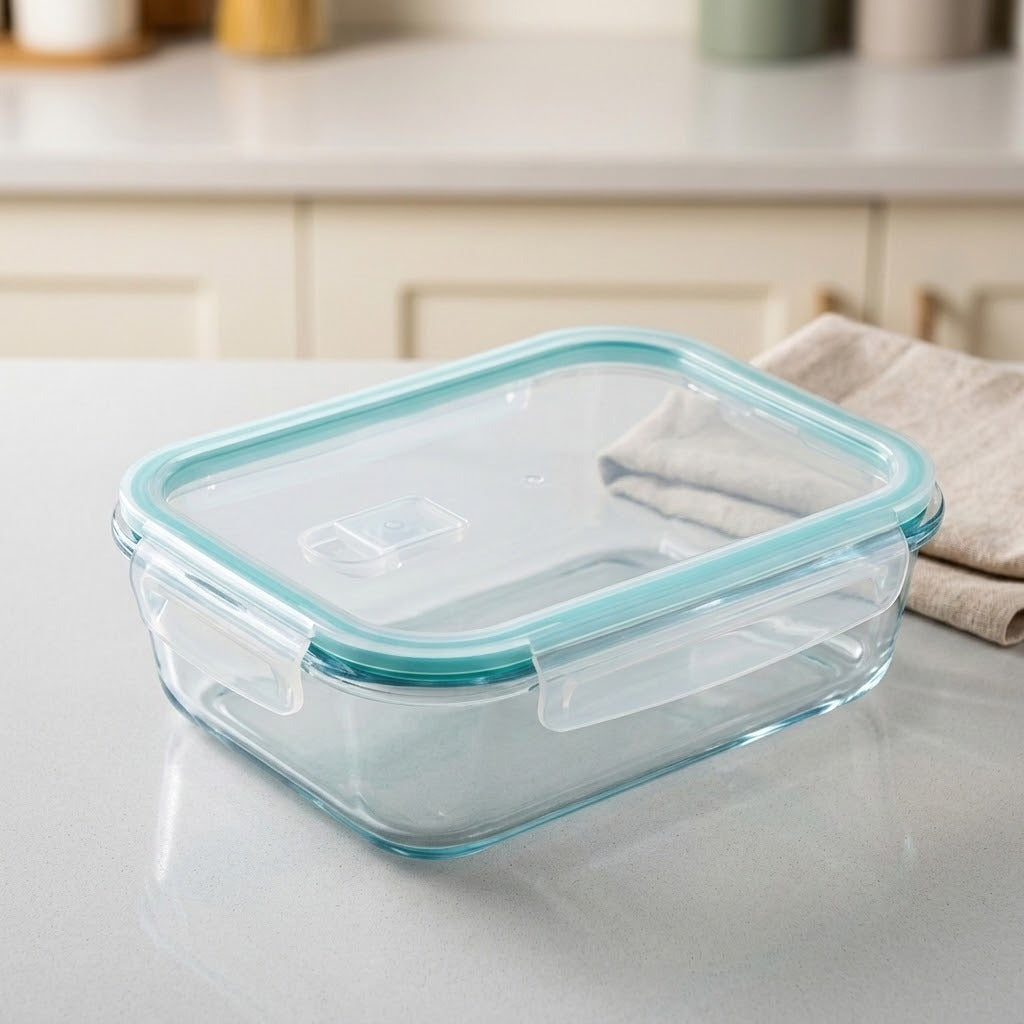 A clear glass storage container with a light blue silicone seal and lid, shown on a kitchen countertop next to a folded beige cloth.