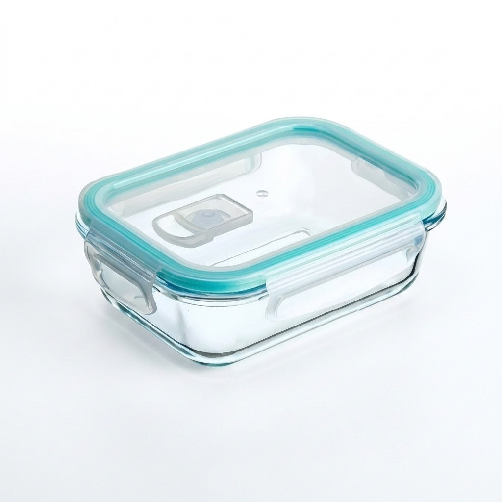 Clear glass storage container with a translucent aqua blue silicone seal and lid, shown on a clean white background.