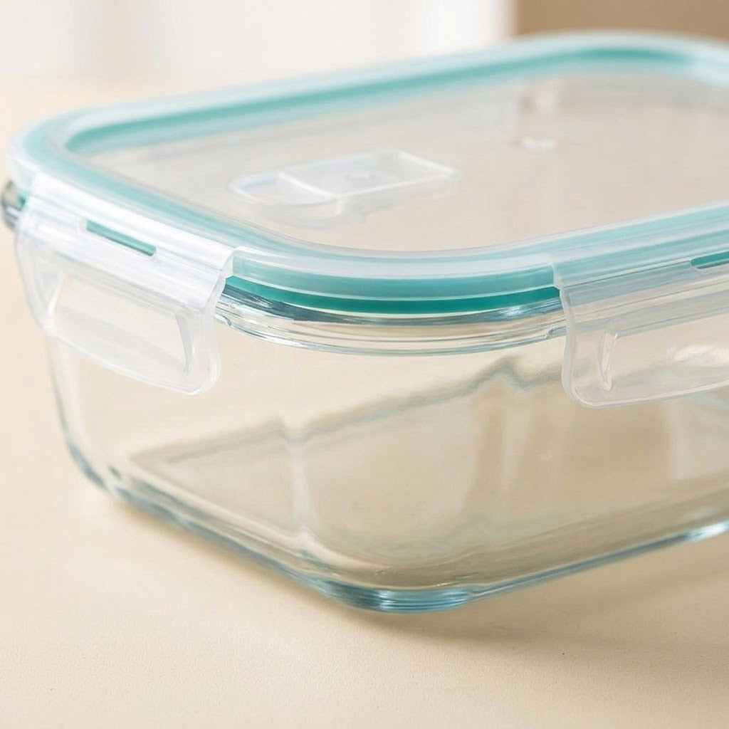 Clear glass food storage container with a translucent lid and a light aqua silicone seal, shown on a beige surface.