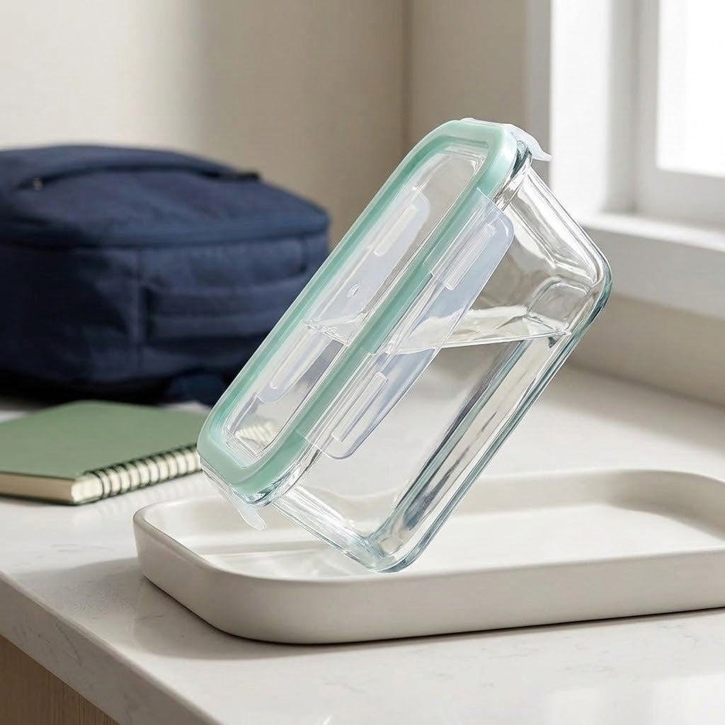 A clear glass rectangular lunch container with a mint green silicone seal, shown tilted on a white tray on a countertop in a bright indoor setting.