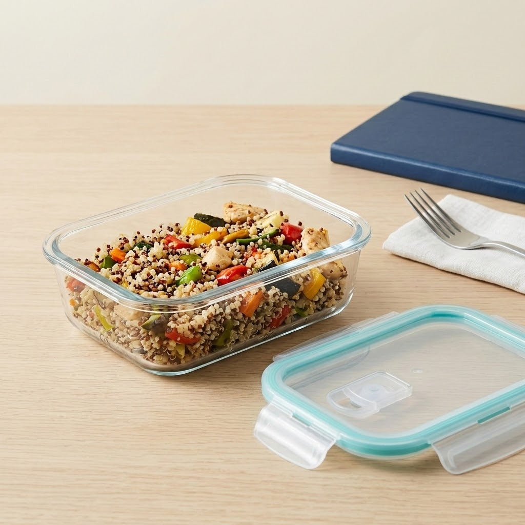 Clear glass rectangular food storage container with a clear lid and light aqua rim, shown on a light wood tabletop with a prepared salad inside and a blue notebook in the background.