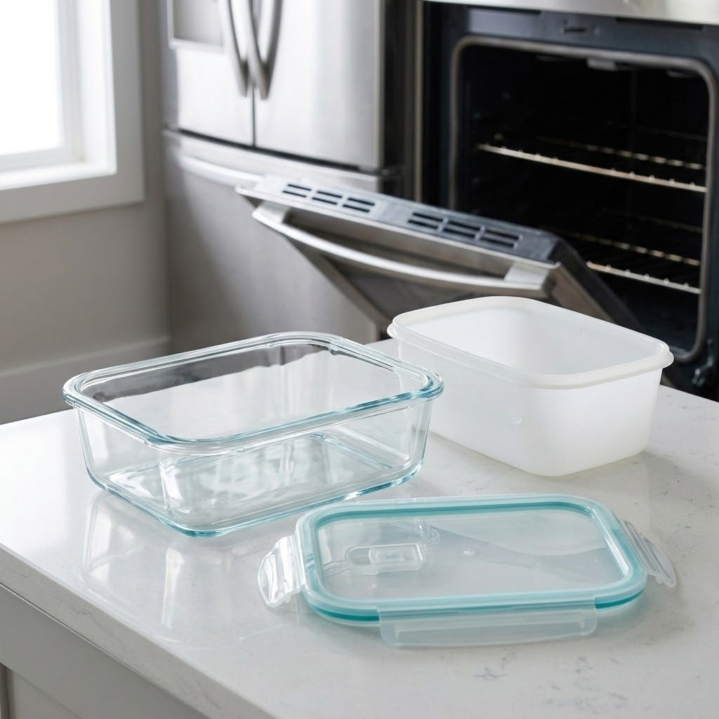 A set of glass and plastic storage containers on a white kitchen countertop, with a stainless steel refrigerator and open oven in the background.