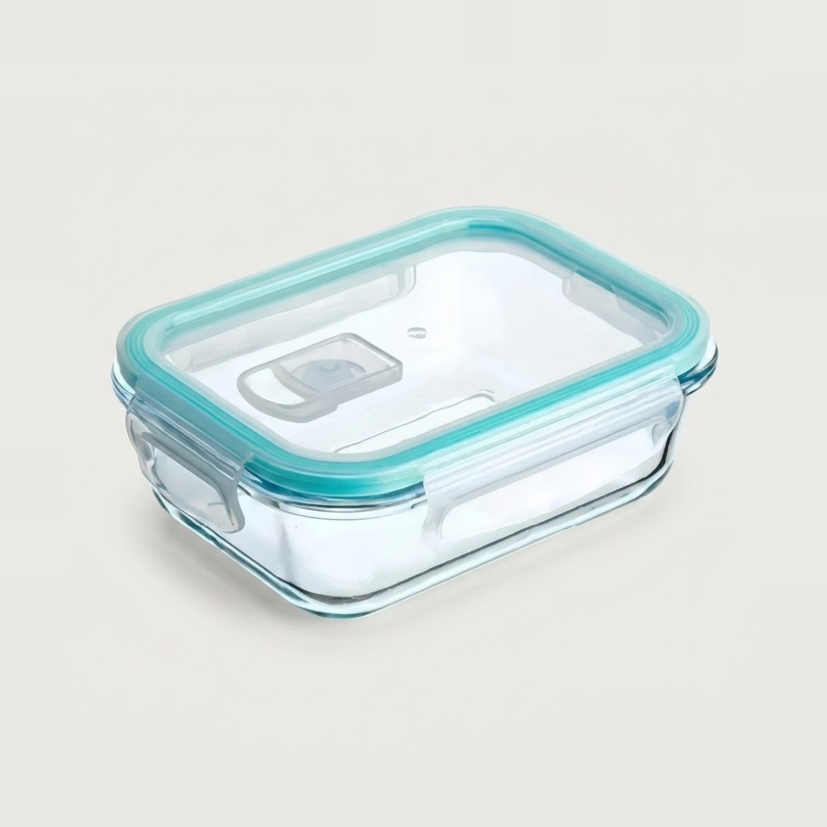 A rectangular clear glass storage container with a translucent aqua blue silicone seal and matching lid, shown on a light beige background.