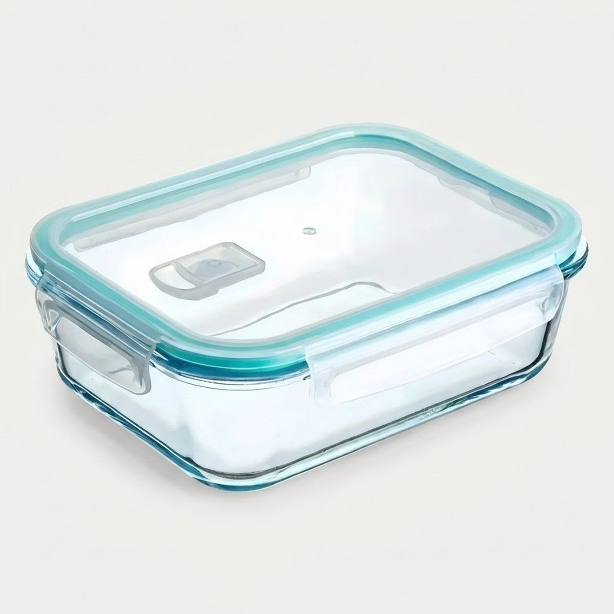 A rectangular glass food storage container with a clear lid and a light blue silicone seal, shown on a plain light gray background.