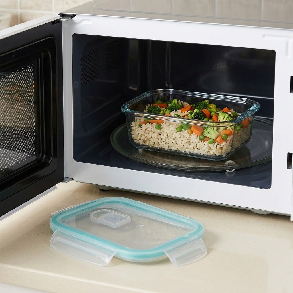 A clear glass rectangular food storage container filled with rice and chopped vegetables sits inside an open white microwave on a glass turntable. The matching clear lid with a light blue silicone seal is placed in front on a beige countertop.