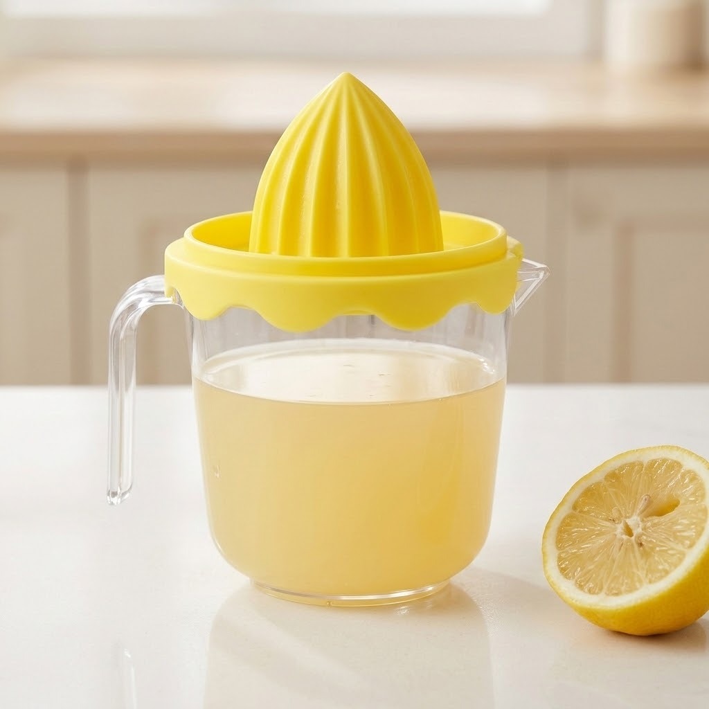 A yellow citrus juicer with a clear glass pitcher filled with lemon juice, set on a white countertop with a halved lemon beside it.