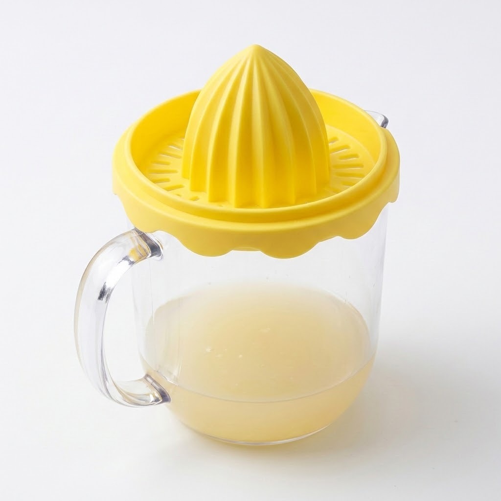 Yellow ridged citrus reamer with a slotted tray tops a clear handled cup containing pale juice against a white background.