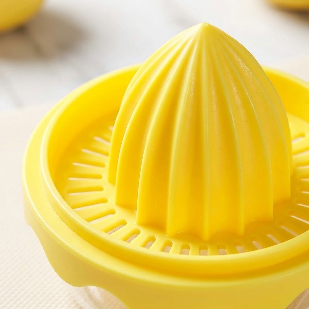 A bright yellow plastic citrus juicer with a ribbed cone-shaped reamer and circular strainer base, shown close up on a light surface.