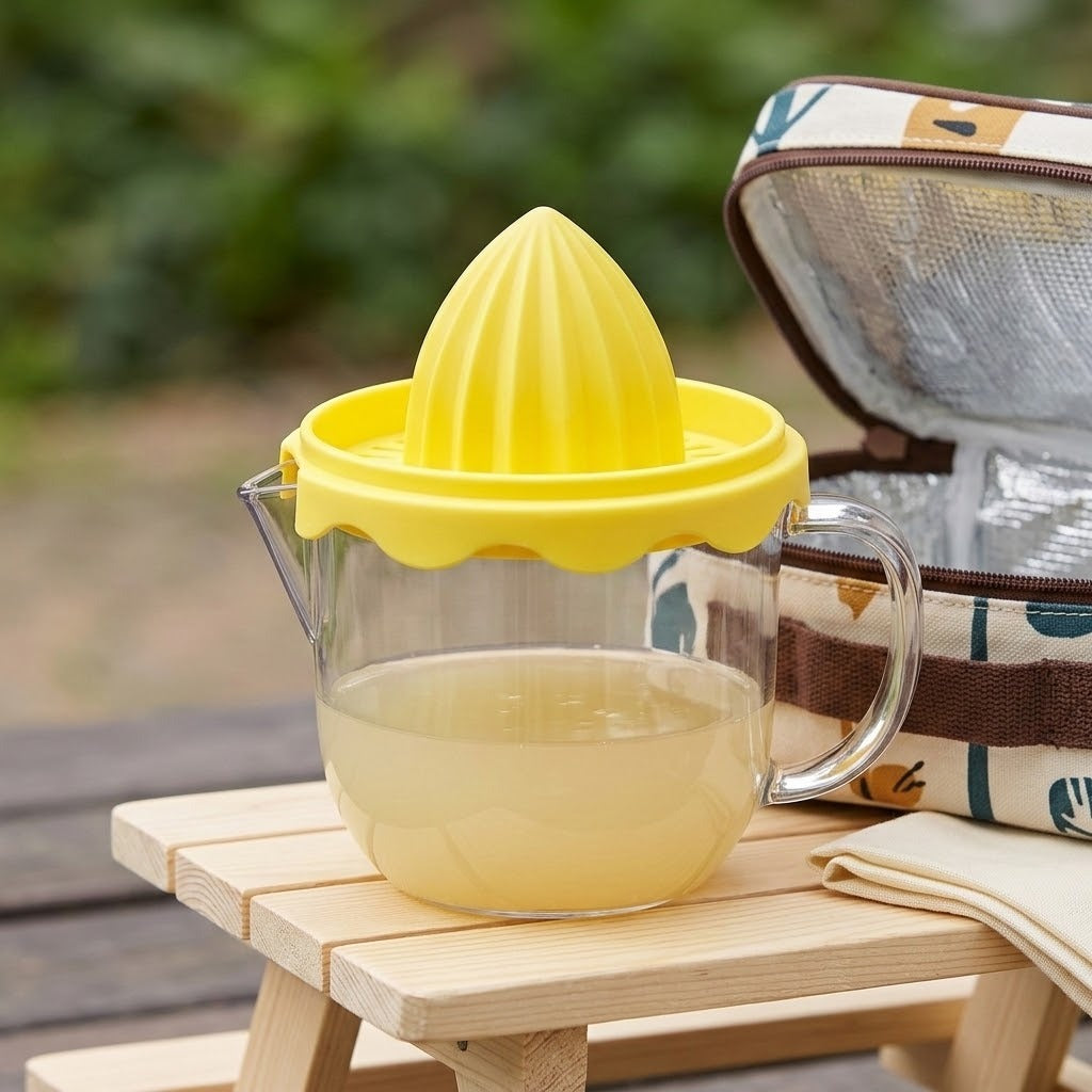 Yellow citrus juicer with juice in its clear cup stands on a wooden outdoor table beside an open insulated bag.