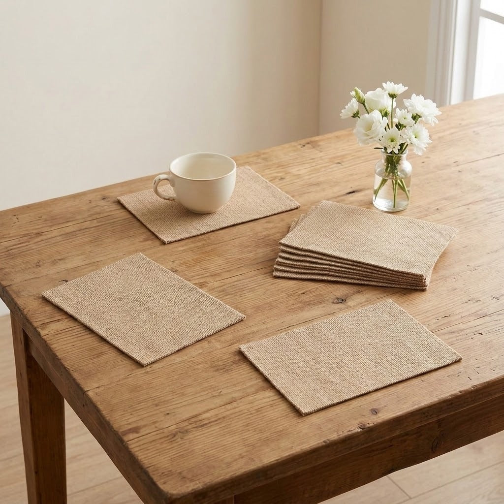 Four natural jute placemats on a rustic wooden dining table, styled with a white ceramic cup, a small glass vase of white flowers, and a stack of matching placemats.