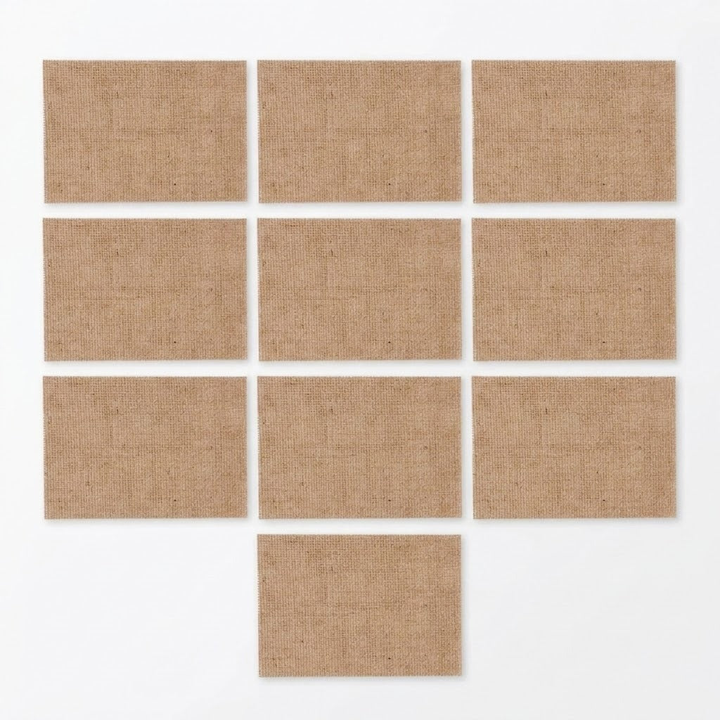 Nine rectangular tan burlap or linen-style cards arranged in a staggered grid on a plain white background.