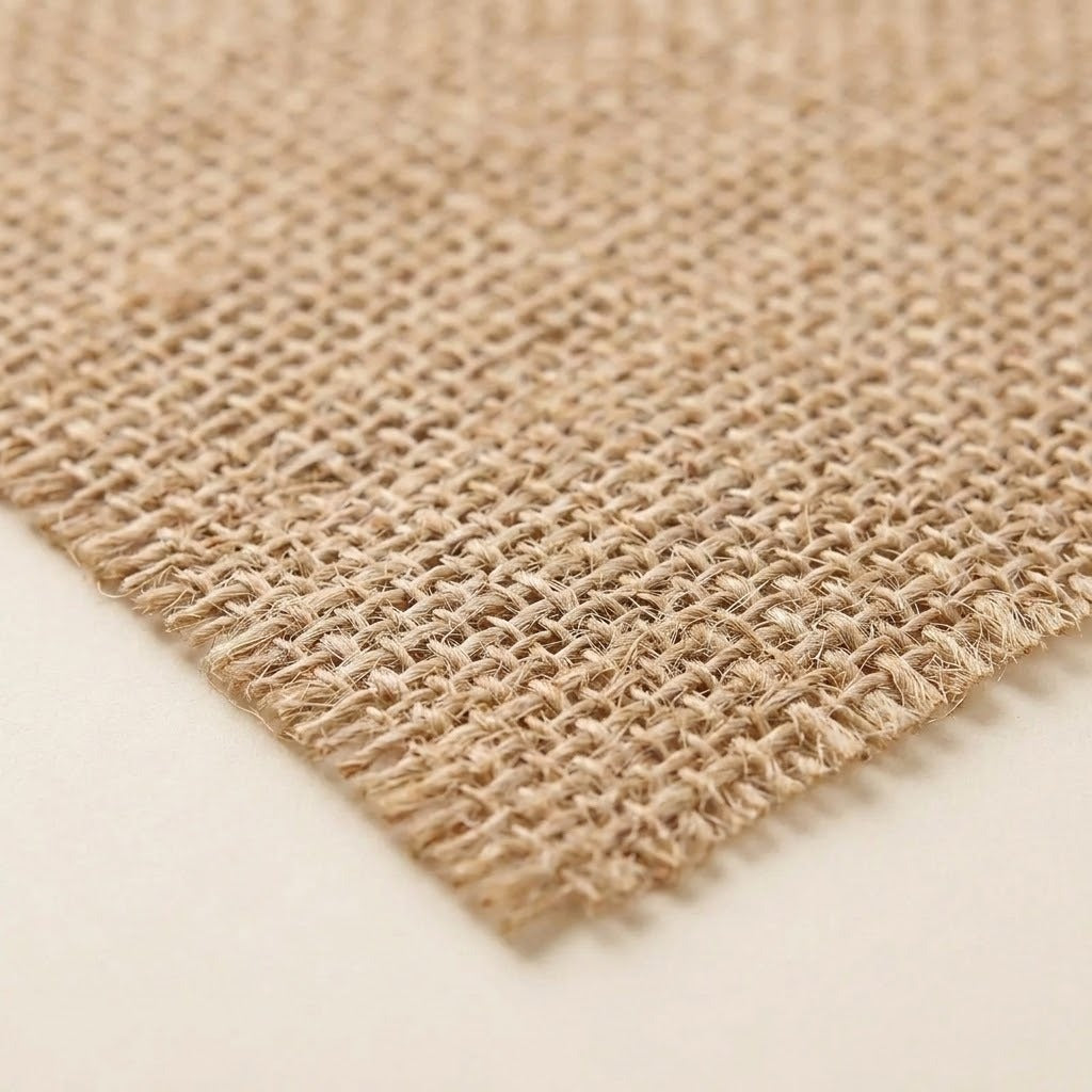 A close-up of a natural burlap fabric swatch showing its coarse woven texture and frayed edges, laid flat on a light beige background.