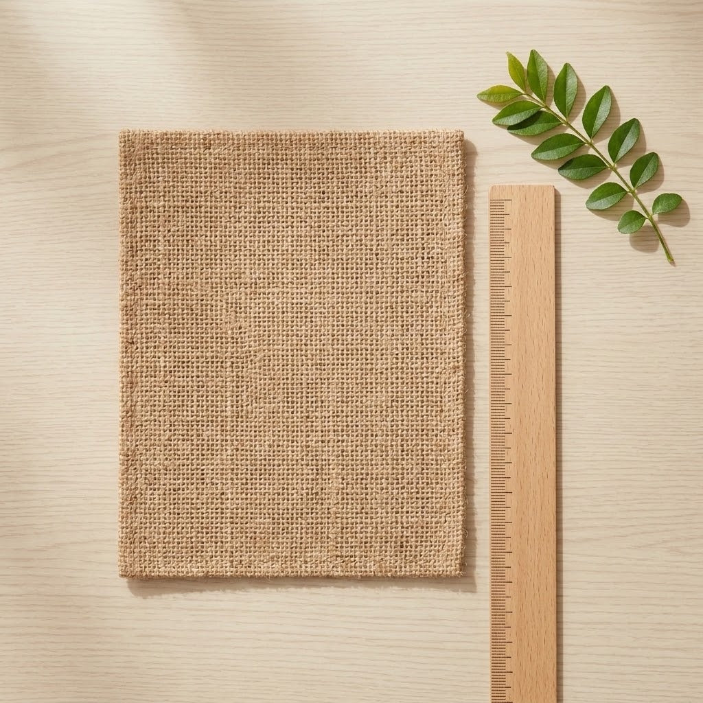 A square beige woven fabric swatch with a coarse burlap texture, displayed on a light wood background next to a wooden ruler and a green leafy sprig.