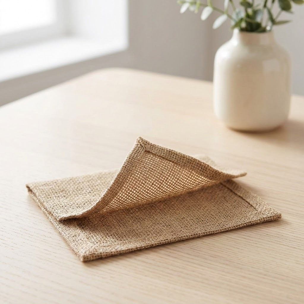 A folded natural burlap placemat on a light wood table, with a white ceramic vase of flowers blurred in the background.